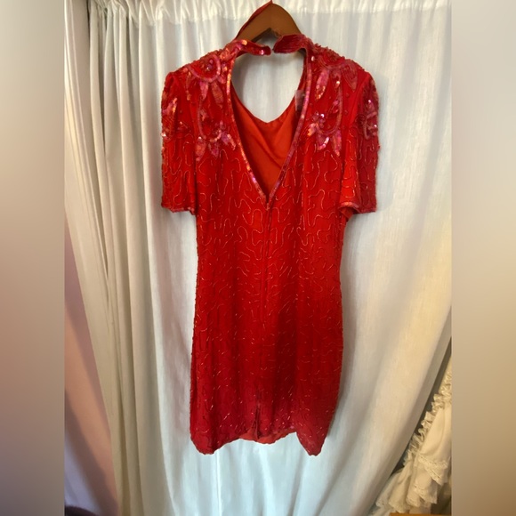 Beaded Red 80’s style Dress with Shoulder Pads Silky Nights New York - Picture 6 of 13